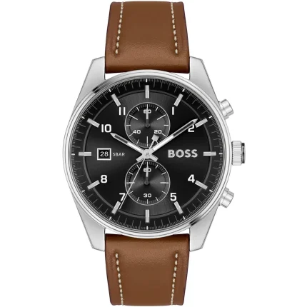 Hugo Boss Skytraveller Men’s Chronograph – Black Dial & Brown Leather (44mm)