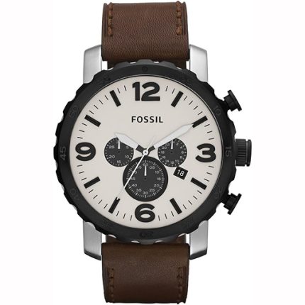 Fossil Nate Men’s Oversized Chronograph - White Dial & Brown Leather | JR1390