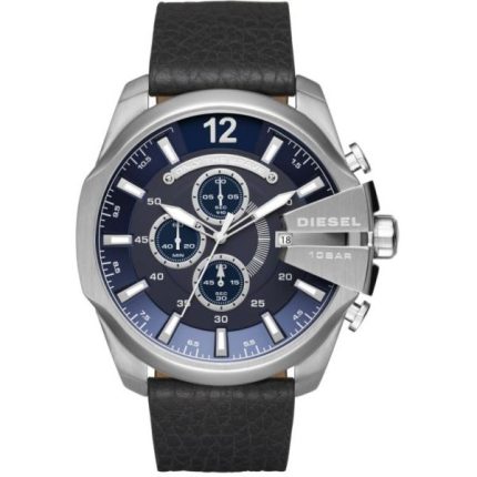 Diesel Mega Chief Men’s Chronograph – Blue Dial & Black Genuine Leather (51mm)