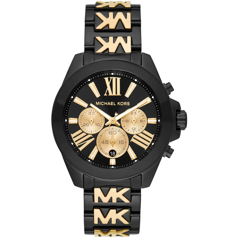 Michael Kors Ladies’ Wren Chronograph – Black & Gold Logo Strap (44mm)