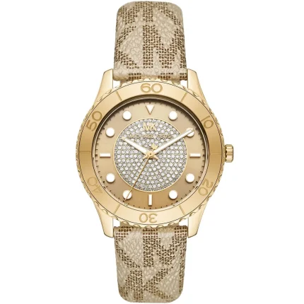 Michael Kors Ladies’ Runway – Gold Dial & Logo Brown Strap (40mm)