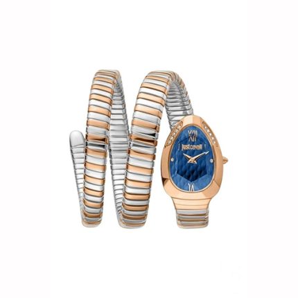 Iconic Fluidity. Radiant Contrast. Redefine your style with the Just Cavalli Azure Serpent, now available at ZAMANKO. This timepiece is a masterpiece of Italian flair, featuring a unique "S" shaped case that mirrors the iconic curves of the Cavalli serpent. The warm rose gold-tone bezel wraps around a stunning midnight blue sunray dial, creating a high-contrast look that captures the mystery and depth of the Mediterranean sea.